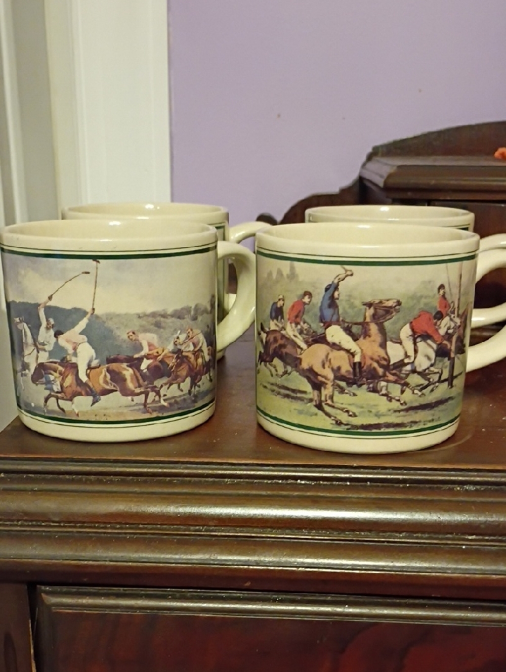 Vintage Equestrian Scene Ceramic Mugs - Set of 4 - Cream